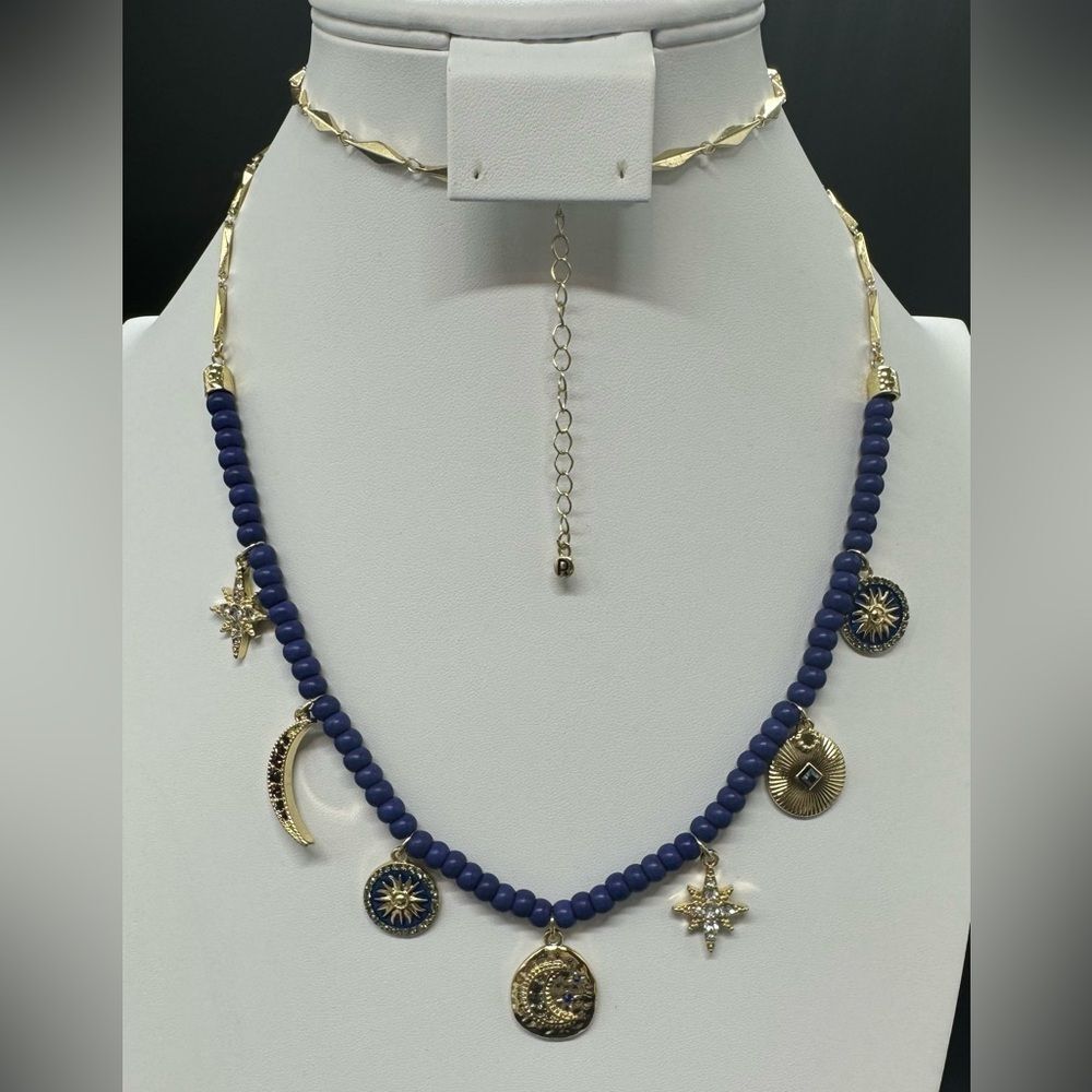 Rachel Roy Gold Plated Navy Beaded Moon & Stars Crystal Dangle Charm Necklace